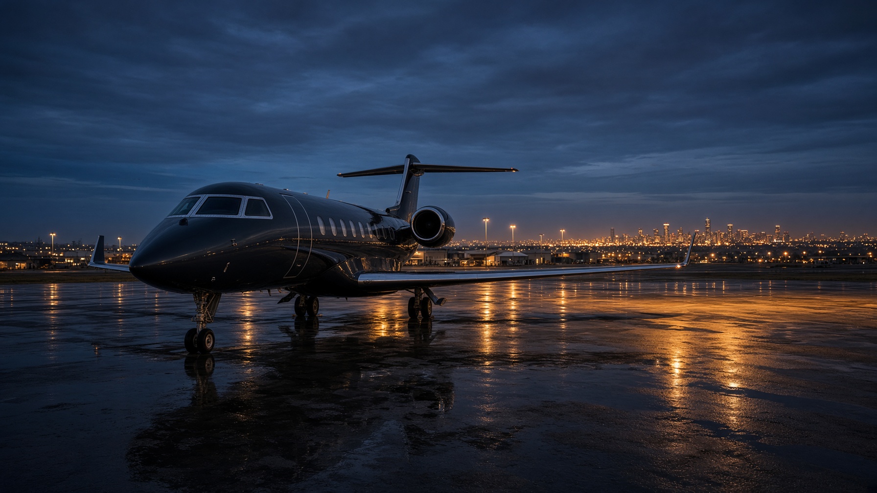 A dark business jet on the apron at dusk
