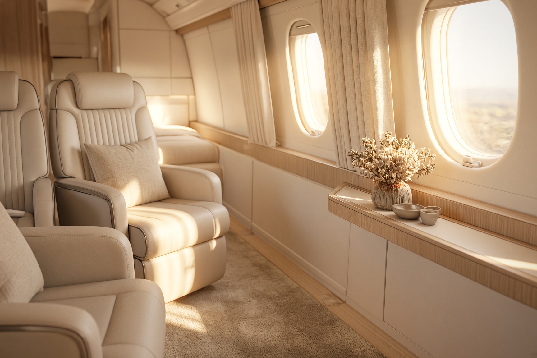Private jet cabin in late-afternoon light